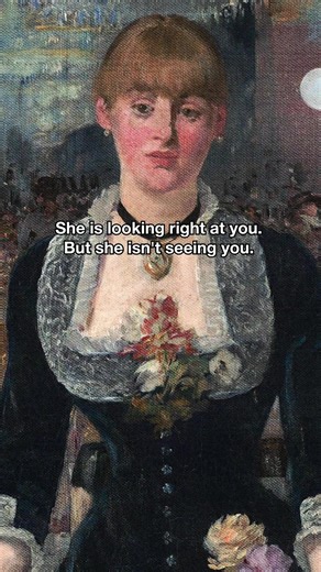 1882 — A Bar at the Folies-Bergère (A Bar at the Folies-Bergère — Édouard Manet) latest masterpiece breaks the laws of physics to tell the sad truth. While the barmaid stands straight and looks detached, her reflection on the right obligingly leans towards the male customer, who stands exactly where we (the audience) are. Shifting the perspective, Mane shows two realities: the