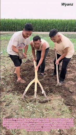 Farm tools in action 3 farmers drive 3 hoes into ground and turn soil
