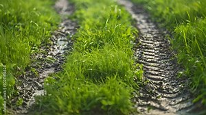 Close-up of tire tracks in mud on a grassy path, Grassy path with tire tracks and mud splatters