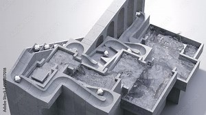 Concrete rolling ball sculpture combined with water fountain. Artistic marble machine on plain background.