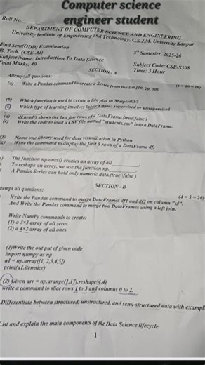 Btech(2025-26) CSE(AI) Introduction to data science 3rd year end semester exam paper....