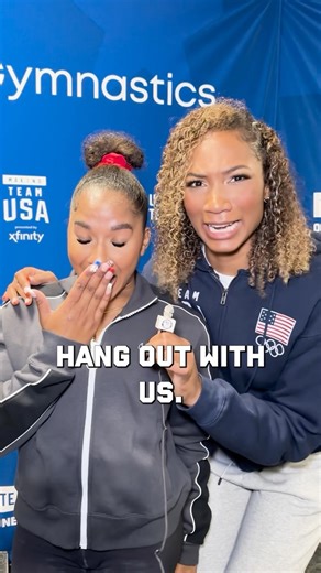 This meetup in the mixed zone 🙌 @jordanchiles & @ariivory chat ahead of #USAGTrials24. #MTUSA | Team USA