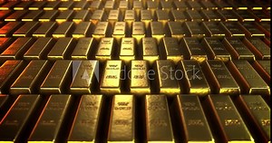 Close-up shot of stacks of gold bars 1000 grams, 3d rendering dolly shot from left to right, motion looping concepts of success in business and finance.