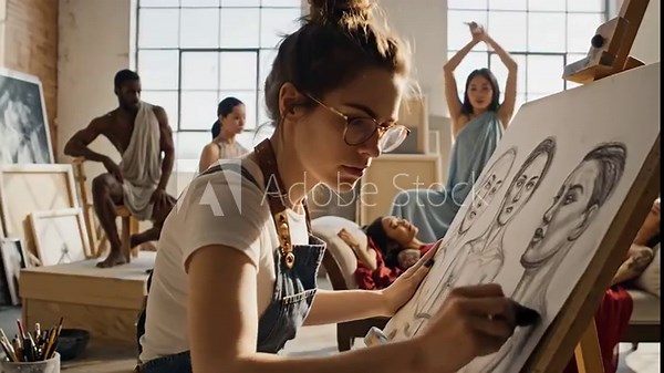 Artist at work in light-filled studio drawing models - A young female artist in a studio setting is sketching models, creating a portrait on an easel.