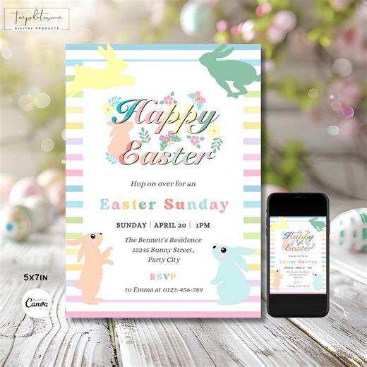 Pastel Easter Invitation, Editable Easter Brunch Card, Floral Bunny Party Template, Instant Download - Etsy