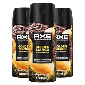 AXE Fine Fragrance Collection Premium Deodorant Body Spray for Men Golden Mango 3 Count With 72H Odor Protection and Freshness Infused with Mango, Mandarin, and Vetiver Essential Oils 4 oz