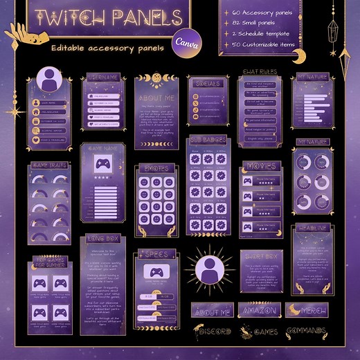 Purple Moon Twitch Panels - Cosmic Gold Heavenly Stream Panels – Celestial Twitch Theme – Mystical Night Aesthetic – CANVA EDITABLE TEMPLATE - Etsy