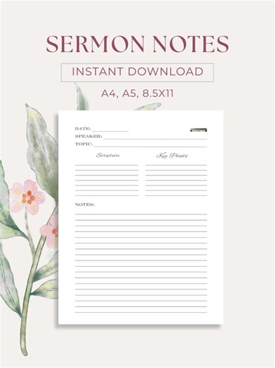 Sermon Notes Printable Template | Bible Study, Prayer Journal (A4, A5, US Letter) (digital Download) - Etsy