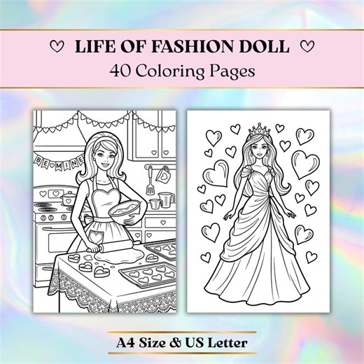 40 Fashion Doll Coloring Pages, Kids Printable Activity Sheets, A4/US Letter Size (Digital Download)