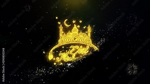Eid Mubarak Text Wish on Gold Glitter Particles Spark Exploding Fireworks Display. Greeting card, Wishes, Celebration, Party, Invitation, Gift, Event, Message, Holiday, Festival 4K Loop Animation.
