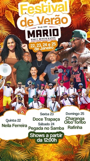 Mario Bar e Restaurante on Instagram: "🌞🎶 VEM AÍ O 1º FESTIVAL DE VERÃO DO MÁRIO BAR! 🍻💦 Prepare-se para 4 dias de muita música, alegria e energia boa, do jeitinho que o verão pede! 🌴✨ 📍shows a partir do meio-dia! 🗓 Programação imperdível: 🎤 22/01 – @neilaaneilita 🎶 23/01 – @docetrapaca 🥁 24/01 – Pegada do Samba 🎺 25/01 – @rafinhanamedida + @charangaoitotonto 🍹 Música boa, clima de verão, natureza e aquele astral que só o Mário Bar tem! 💥 Entrada Franca – chama os amigos e vem curti