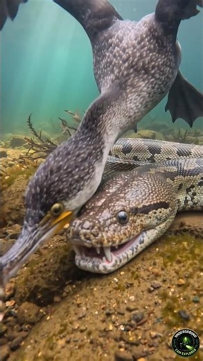 Cormorant Hunt Gone Wrong? 🐦🐍 Underwater Camera Reveals Hidden Python! #shortvideo