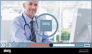 Composition of male doctor using computer on video playback interface screen Stock Photo - Alamy