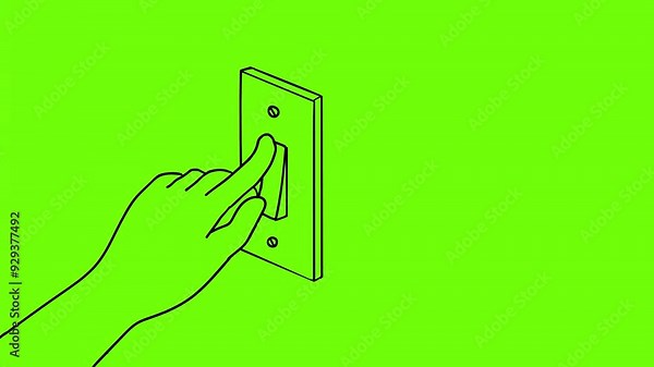 2d Animation line drawing of a human hand flipping turning on and power off electric light switch on white, black and green screen in 4k ultra-high-definition.