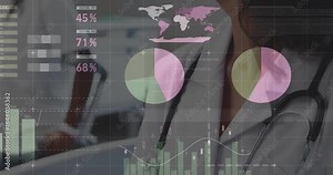 Doctor writing chart and using graphs, pie charts and world map while analyzing medical data