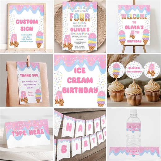 Ice Cream 4th Birthday Party Bundle (DIY Template), We All Scream Four Ice Cream Invitation - Etsy