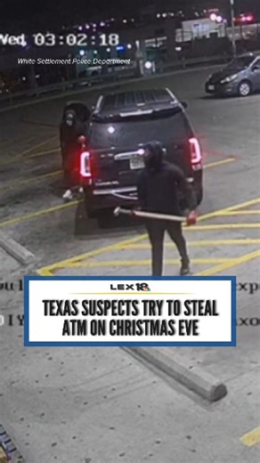 CRIME ON CAMERA: Two suspects attempted to steal an ATM from a 7-Eleven convenience store in White Settlement, Texas, on Christmas Eve. The ATM was later dislodged from the SUV and was found on the service road nearby, according to police. Police continue to search for the suspects. | LEX 18