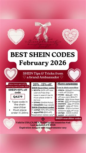 SHEIN codes for the end of February 2026 ❤️✨ Type these codes into the SHEIN APP Searchbar and checkout within 24 hours to activate savings. These codes work internationally and remain active throughout 2026. Use any SHEIN Searchbar code and apply a regular SHEIN coupon at checkout for additional savings! Top SHEIN Searchbar Codes for 2026: QA279 → 60% OFF new users FREE SHIPPING / 30% OFF existing users BCXT4 → 60% OFF new users FREE SHIPPING / 30% OFF existing users Perfect for Valentine’s Day
