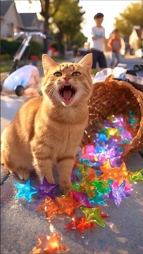 ⭐😼 Cute Cat’s Neon Starfish Mishap! Rescue needed!