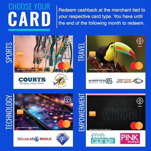 The Belize Bank Limited revolutionizes banking with its new personalized debit cards! 💳 Customers can now earn cashback rewards when they make 15 POS transactions monthly and redeem them at merchants linked to their card type. With four unique category designs to choose from, this is more than just a card—it's a statement. A bold step forward in banking convenience and customer rewards! Learn more about this exciting innovation: https://www.belizebank.com/debit-cards/ #DebitCardRewards #Innovat