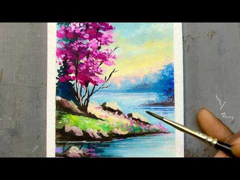 Pink Blossom Tree Landscape Painting | Easy Art