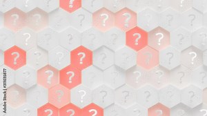 Question Marks Hexagon Surface Loop 1 Red x White: animation of question marks over hexagon shapes. Hexagonal grid pattern in glossy white and warm red. Question mark symbol. 4K