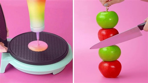 Colorful batter waffles and perfectly stacked apple cuts