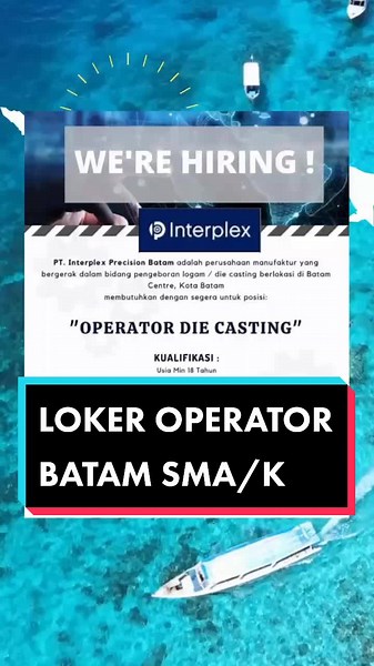 PT Interplex Precision Batam #ptinterplexprecisionbatam #interplexprecisionbatam #lokerptinterplexprecisionbatam #lokerbatam #lokeroperator #operatordiecasting #lokersmasmk #batam #tunasbizpark #pencarikerjarupiah #loker #lowongankerja Operator Die Casting Info tersedia di Web & Telegram Pencari Kerja Rupiah Alamat PT. Interplex Precision Batam Kawasan Industri Tunas Bizpark Blok 9B Batam Center Batam 2944