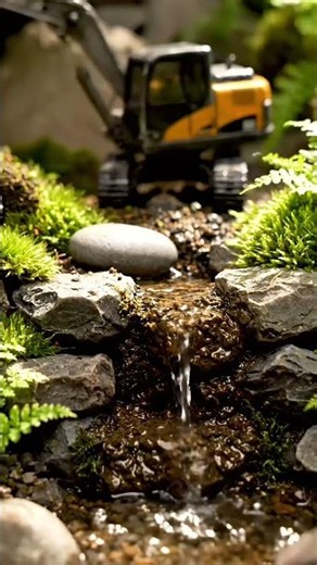 Tiny Excavators Build a Serene Miniature Waterfall! 🏞️