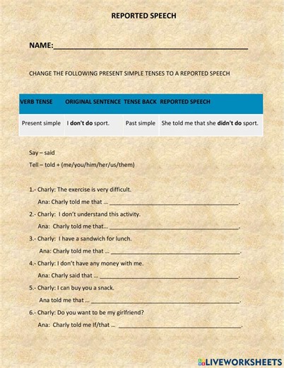 REPORTED SPEECH PRESENT SIMPLE activity