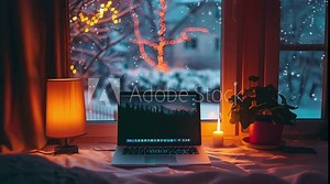 Laptop placed by a window with a view of a serene winter night landscape, creating a peaceful and inspiring workspace Seamless looping 4k time-lapse virtual video animation Generated AI