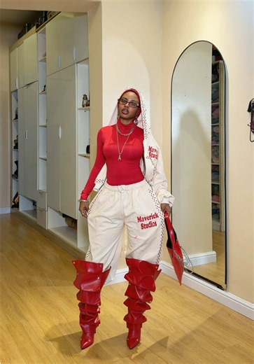 Styling @maverickstudios__ custom made 👢 @Fashion Nova 🔍 Nay Ruched Studded Boots - Red #harleesha #fashiontiktok #transition