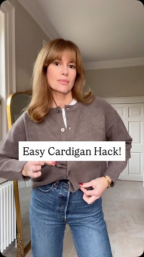 Save to try! 📌 This is a super easy trick to crop a cardigan without having all the bulk tucked in. 1. Leave the bottom three buttons undone. Grab the side with the bottom buttonhole. You want to fold that bit of the cardigan up and underneath itself. Then, use the top undone button to fasten to it. 2. Now, take the very last button on the bottom. Bring it all the way up and secure it into the top buttonhole. 3. You have one button left. Gently pull that button outwards while tucking that entir