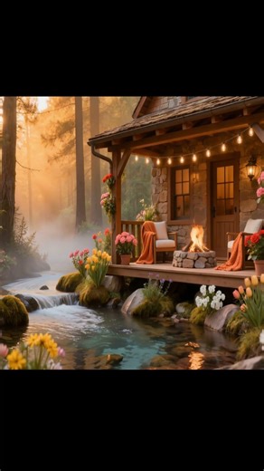 Cozy Log Fire Pit Cabin Cottage In The Forest With Water Nature Sounds Sleep relaxing Meditation