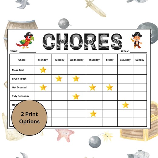 Pirate Chore Chart Printable | Kids Reward Chart | Instant Download PDF - Etsy