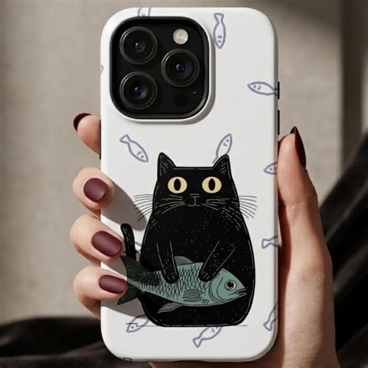 Funny Black Cat iPhone Case With Fish, Cute Cat Lover Gift, Minimal Aesthetic Animal Design, Kawaii Cat Phone Case, Slim Protective Case - Etsy