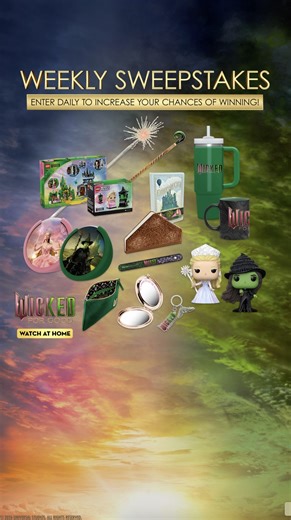 Your thrillifying prize awaits! Enter the Wicked: For Good weekly sweepstakes now: https://www.wickedmovie.com/sweepstakes Enter the Wicked sweepstakes daily to boost your chances of winning one of our Authentic Prop Replica Grand Prizes: Glinda's Wand or the Wizard’s cane. Plus, each week's entries qualify for weekly drawings to win exclusive Wicked swag! NO PURCHASE NECESSARY. Void where prohibited. Legal residents of the 50 US or DC who are 18 or older. Begins December 26, 2025 at 6:00 A.M. P