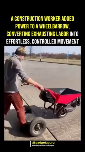 Tech Gadgets Innovations on Instagram: "A simple change completely transforms how heavy materials are transported on active job sites. By adding a compact motor, drivetrain, and powered rear axle to a standard wheelbarrow frame, manual force is replaced by controlled propulsion. The motor manages forward movement while the operator focuses on steering and balance, sharply reducing strain on the back, arms, and knees. With torque delivered directly to the wheels, heavier loads require far less ef