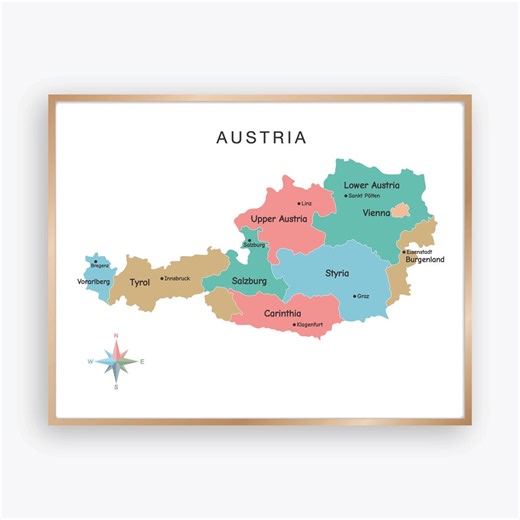 Österreich Bunte Politische Karte Printable mit Staaten und Hauptstädten Sauber Geographie Poster für Klassenzimmer Moderne Wandkunst Digitaler Download - Etsy Österreich