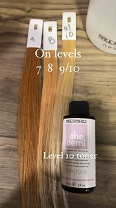 2.5K views · 41 reactions | What’s your toning formula actually doing? 樂 @paintedbyashleymarie (IG) demonstrates using #PaulMitchellPro #thedemi 10P on level 7, 8 & 9/10 swatches ✨ Results: ✅ All 3 swatches processed for a full 20 min ✅ The level 7 swatch was completely unchanged by a level 10 toner ✅ The level 10 swatch gave the true desired results. A shiny iridescent Pearl finish | Paul Mitchell | Facebook