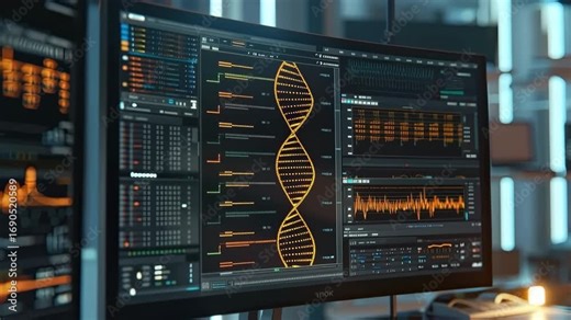 DNA sequence analysis on computer screen displaying detailed data charts and graphs for advanced research and scientific study
