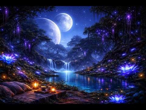 Glowing Alien Forest Night 🌌 | Waterfall & Nature Sounds for Sleep, Relax, Study (4 Hours)