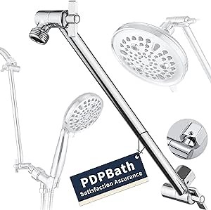 PDPBath Shower Extension Arm, 12" Upgrade Solid Brass Shower Head Extender, Adjustable Height Extended with G1/2 Universal Connection for Rain & Handheld Shower Head - Chrome