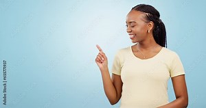 Face, woman and ok in studio to advertising checklist, information and yes to choice on blue background. Happy portrait, african model or presentation of menu, process or pointing to support feedback
