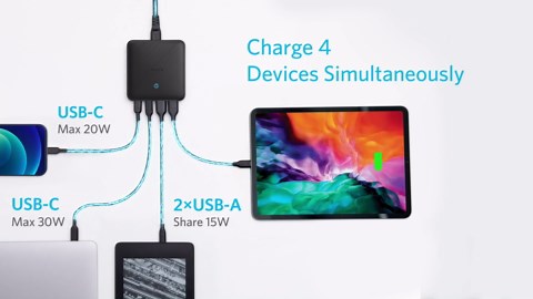 Anker USB C Charger, 543 (65W II), PIQ 3.0 & GaN 4-Port Slim Fast Wall Charger, with Dual USB C Ports (45W Max), for MacBook, Laptops, iPad Pro, iPhone and More