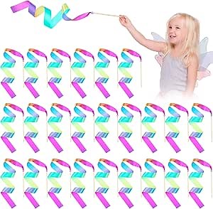 Halloscume 12 Pcs Mini Rainbow Wands for Kids Gymnastics Dance Party Favors Rainbow Dance Ribbon Streamers with Wooden Handles Ballet Twirling Baton, Rhythm Sticks Toddler Party Favors Supplies
