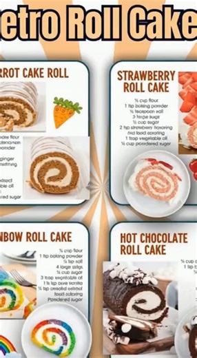 🍰✨ 70’s Vintage Roll Cakes – A Nostalgic Sweetness! ✨🍰 Step back into the groovy kitchen days of the 70s, when dessert rolls were the ultimate showstopper at every family gathering! 🌼💛 These soft, creamy, swirled delights will have everyone feeling nostalgic. 🕺💃 Perfect for fall baking, parties, or whenever you crave a taste of vintage sweetness! 😍 🥕 1️⃣ Carrot Cake Roll Soft, spiced, and filled with creamy frosting — a timeless classic that never gets old! 🧡 Ingredients: ¾ cup all-purp