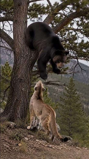 Bear Trapped in a Tree? 🐻 🐆 Mountain Lion Waits Below #wildlife #shorts