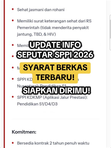 ⚠️ UPDATE SYARAT BERKAS SPPI 2026! Jangan sampai gagal SPPI gara-gara berkas! – usia maksimal 35 tahun – sehat jasmani & rohani (RS pemerintah) – SKCK aktif – siap ditempatkan di seluruh Indonesia Aku udah rangkum materi latihan SPPI biar ga mulai dari nol (PLUS PREDIKSI TIPE SOAL YANG AKAN DIUJIKAN) Cek Bahan Belajar SPPI terbaru di BIO✅ #sppi #InfoSPPI #sppi2026 #rekrutmen #lowongankerja