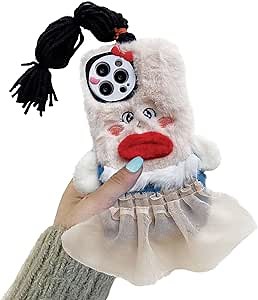 Cartoon Doll Phone Cases Compatible with iPhone 15 Pro(Not Max),Funny DIY Braids Furry Winter Warm Ugly Phone Cases Girls Women Kids Toys Case for iPhone 15 Pro 6.1inch(Pink Dress)